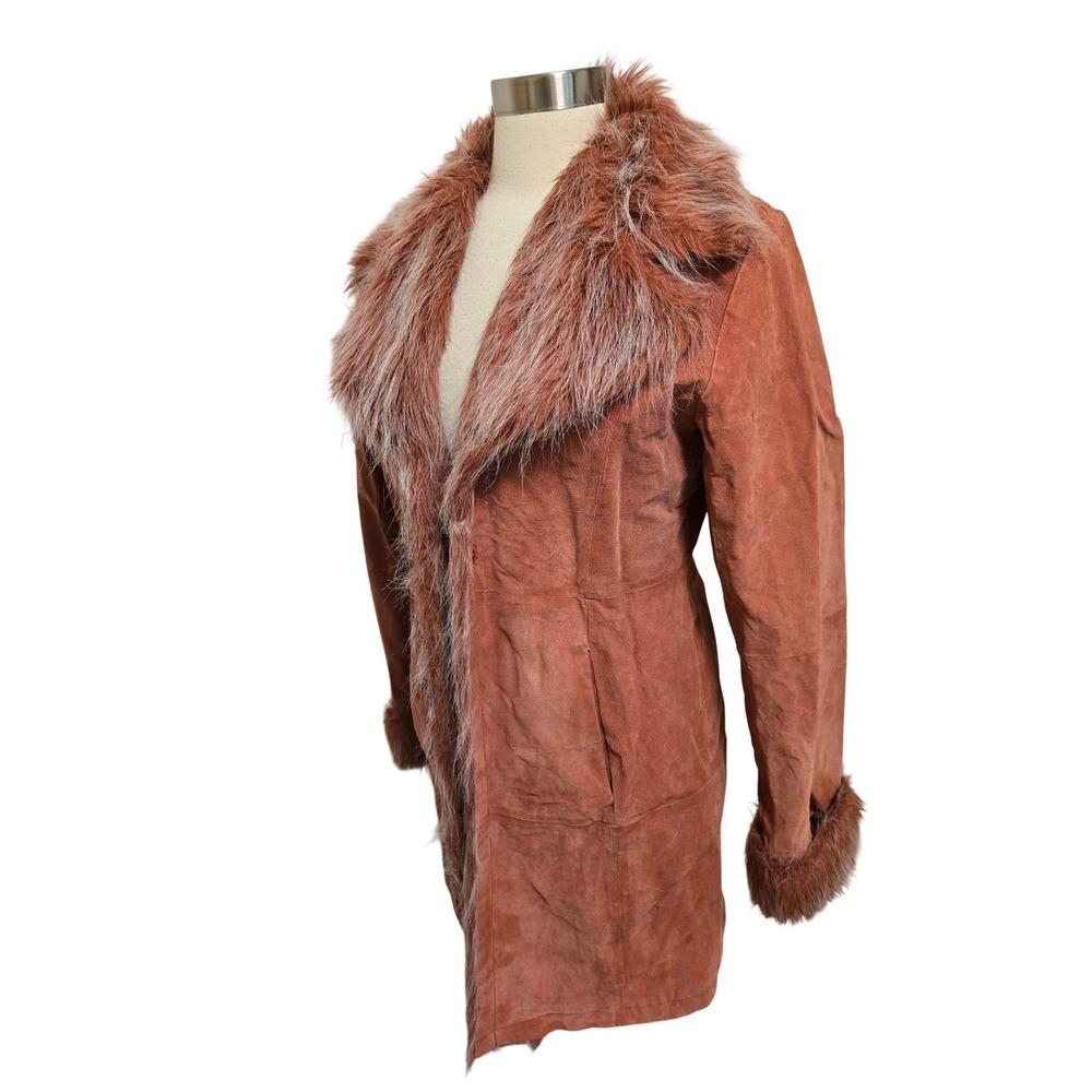 Y2K Vintage Suede Penny Lane Coat Faux Fur Trim Rust Orange Boho Jacket Medium - Picture 7 of 9